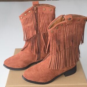 Lucky Brand Kids Cognac Brown Suede Fringe Cowgirl Western Boots Studded Zip 11